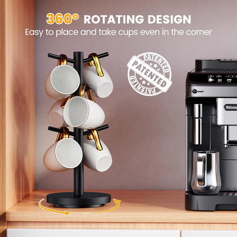 Elerator Coffee Mug Holder Tree, Upgraded 360° Rotated Cup Holder for Counter, Wood Mug Rack with 6 Hooks, Coffee Mug Organizer Station, Mug Stand Bar Accessories, Black - Image 2